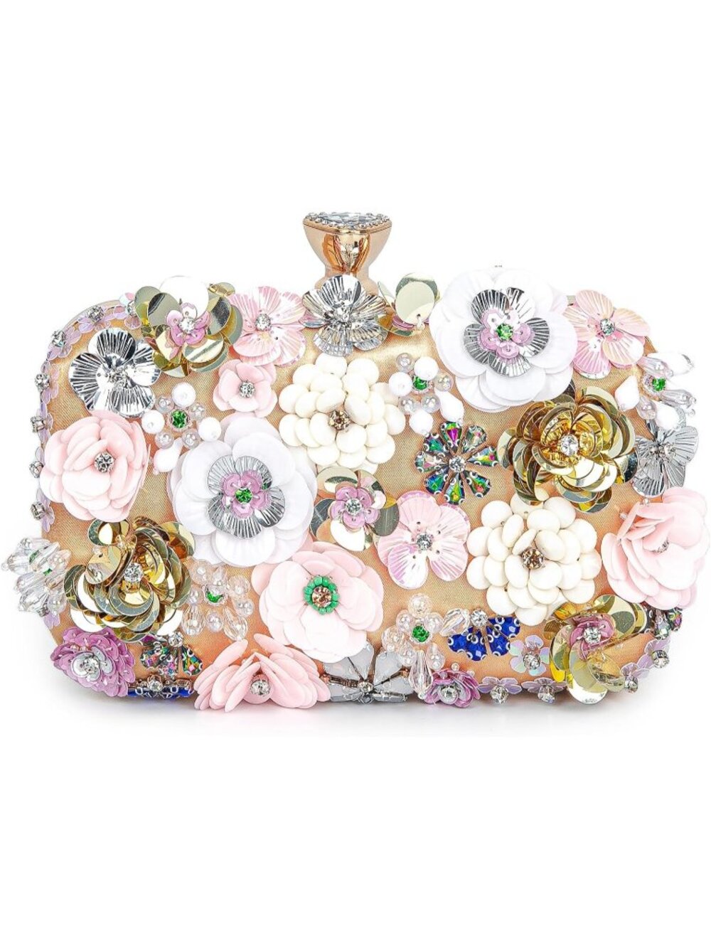 Women's Gold Floral Beaded Chain Strap Party Prom Clutch Purse Evening Bag